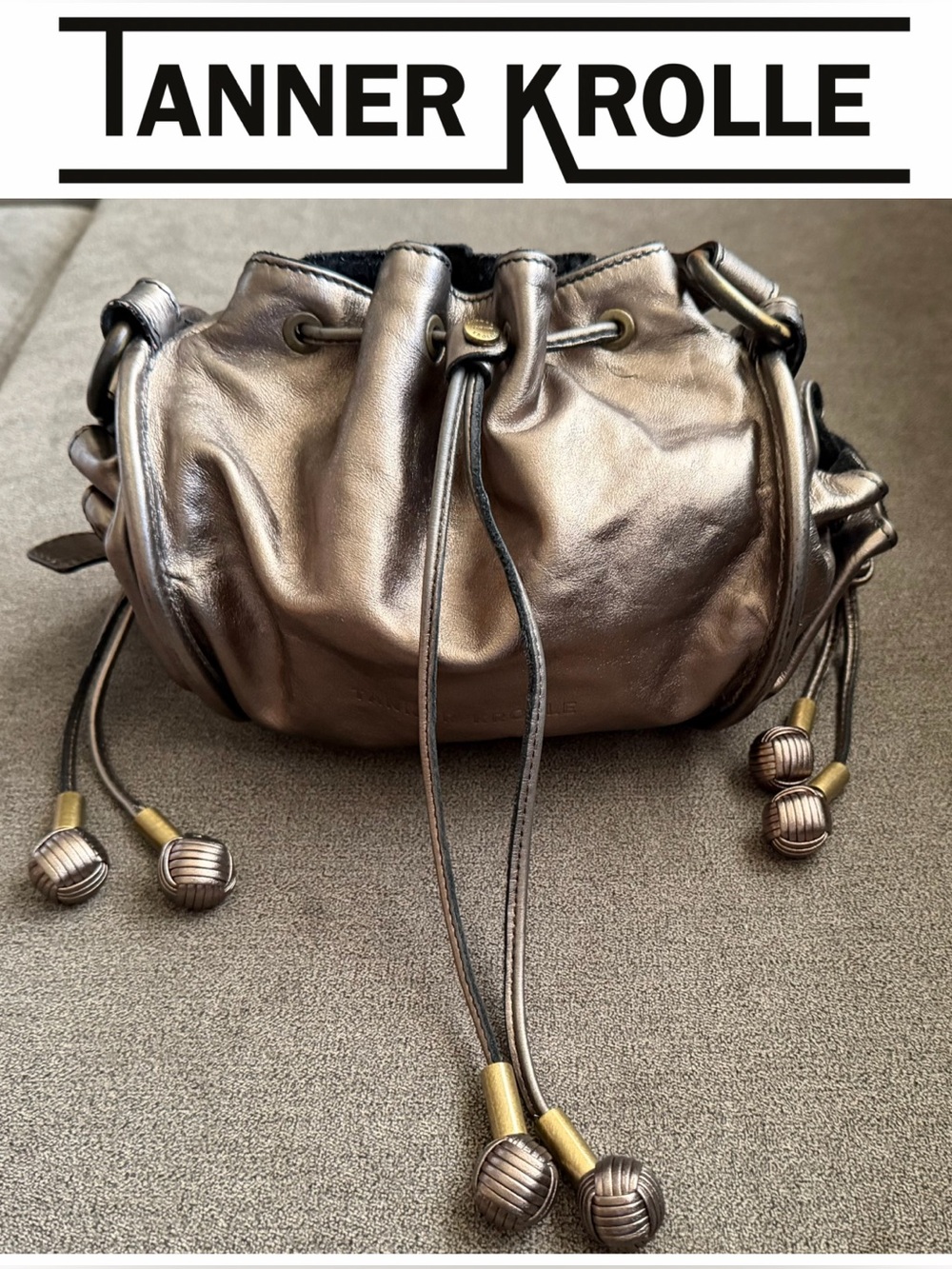 Rare Tanner Krolle London Metallic Bronze Leather Drawstring Bucket Bag